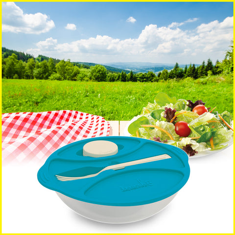 Blue Salad Box with Fork & Sauce - Set of 3